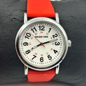 Golden Hour Silver Red Strap Nurse Watch Working New Battery